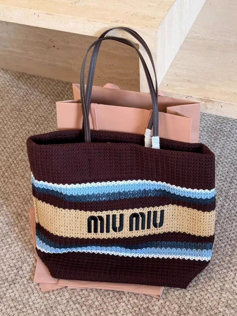 Miu Miu Striped Knit Large Open-Top Tote Handbag